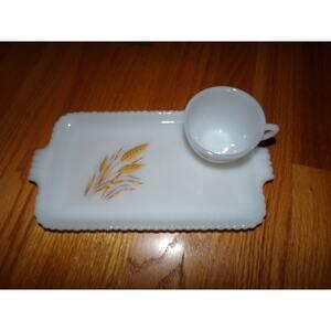 VintageAnchor Hocking Fire King Snack Autumn Wheat Milk glass tray and cup